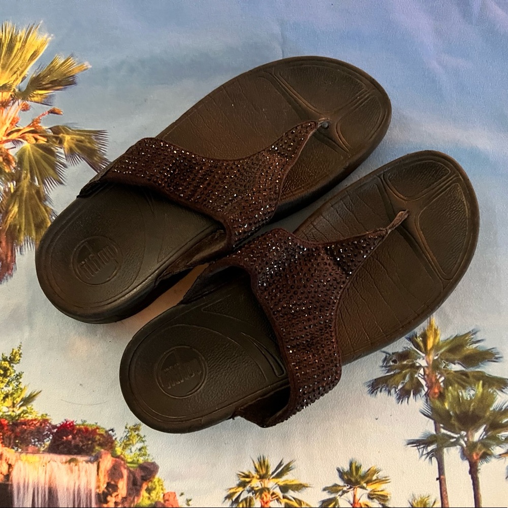 FitFlop Size 9 Black Bling Rokkit Arch Support Sandals with Rhinestones